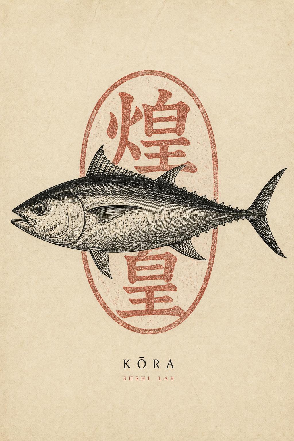 Ilustração editorial KŌRA Sushi Lab — atum em estilo gravura japonesa